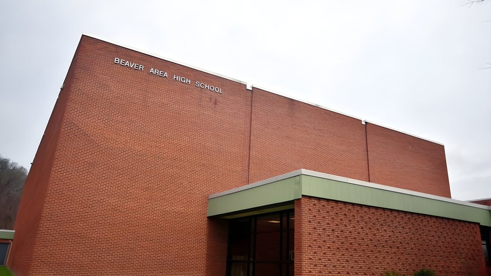 Das große Backsteingebäude mit grünem Eingang der Beaver Area High School vor bewölktem Himmel.