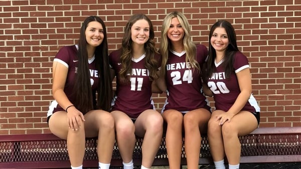 Vier Schülerinnen der Beaver Area High School posieren in einheitlichen Trikots mit dem Schriftzug Beavers vor einer Backsteinmauer.