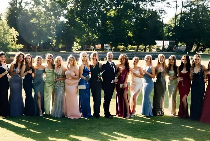 Eine Gruppe von überwiegend jungen Schülerinnen der Bede's Senior School steht gemeinsam auf einer Wiese mit Bäumen im Hintergrund.