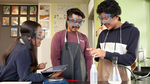 Drei Schülerinnen und Schüler der Beechwood Sacred Heart School tragen Schutzbrillen und Schürzen bei einer Diskussion im Klassenzimmer.