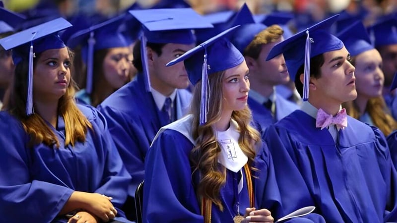 Eine Gruppe von Absolventinnen und Absolventen in blauen Talaren steht zusammen bei der Abschlussfeier der Bell High School.