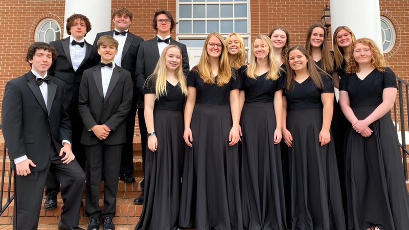 Eine Gruppe von Schülern der Ben Lippen School steht formell gekleidet vor einem Backsteingebäude mit Rundbogenfenstern.