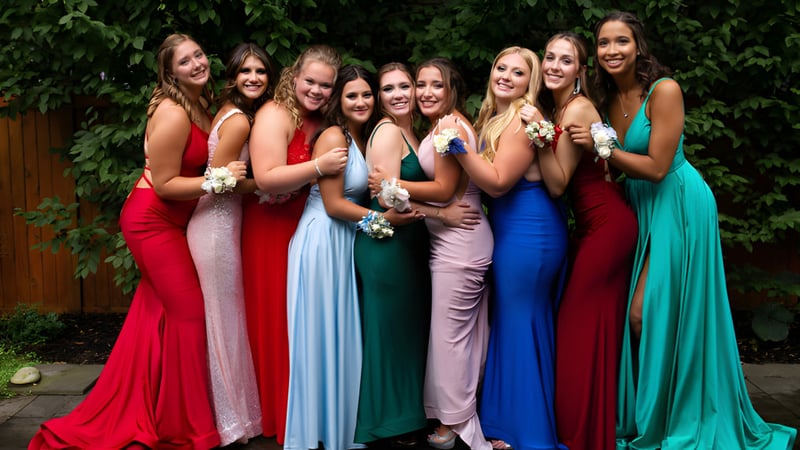 Schülerinnen der Berkhamsted School stehen gemeinsam in farbenfrohen Kleidern im grünen Außenbereich.