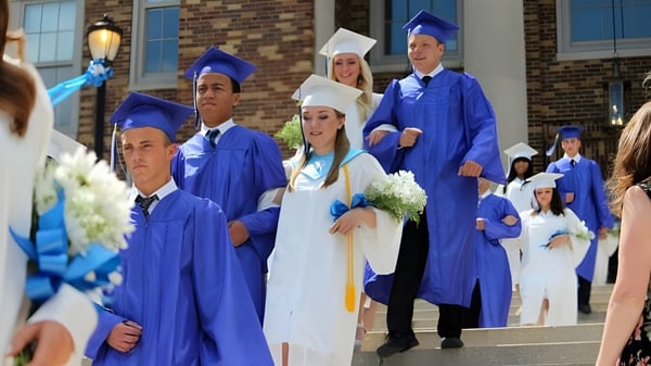 Absolventinnen und Absolventen der Bernice McNaughton High School gehen in blauen Talaren die Treppen eines Backsteingebäudes hinunter und tragen Blumensträuße.