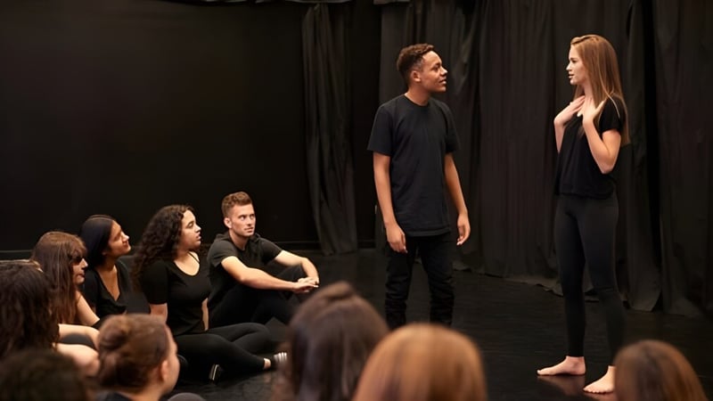 Eine Gruppe von Schülerinnen und Schülern der Bethlehem High School versammelt sich in einem Theaterraum.