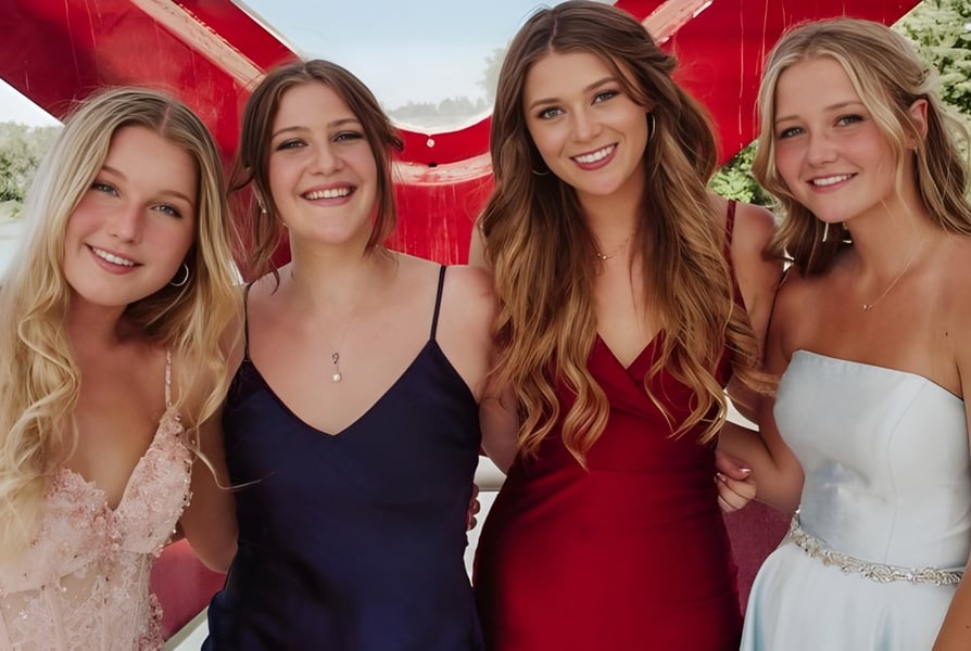 Vier Schülerinnen der Bishop Carroll High School stehen gemeinsam vor rotem Hintergrund im Freien.