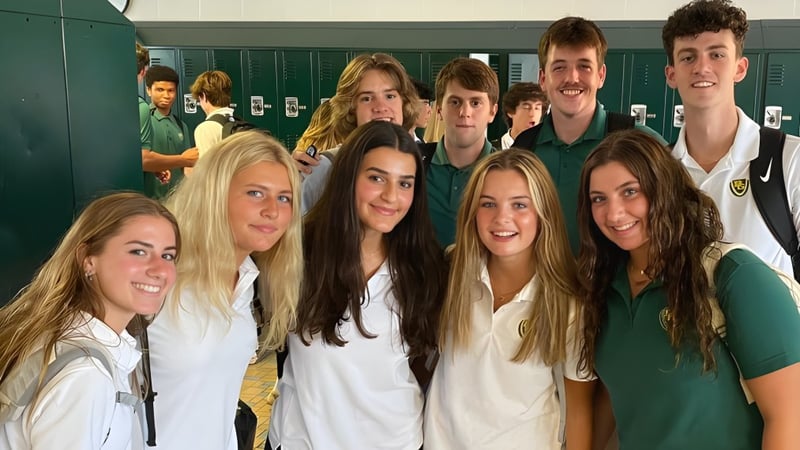 Eine Gruppe Schüler der Bishop Guertin High School steht gemeinsam vor Schließfächern in der Schule.