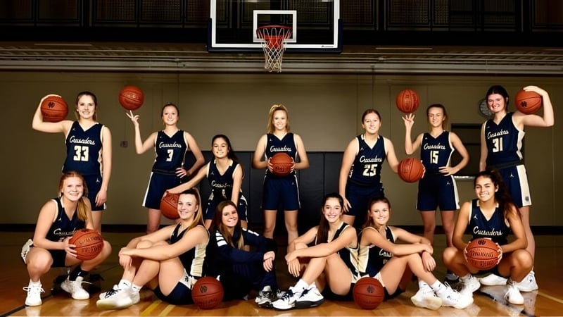 Eine Gruppe von Basketballspielerinnen der Bishop Heelan Catholic High School posiert gemeinsam in der Sporthalle vor einem Basketballkorb.