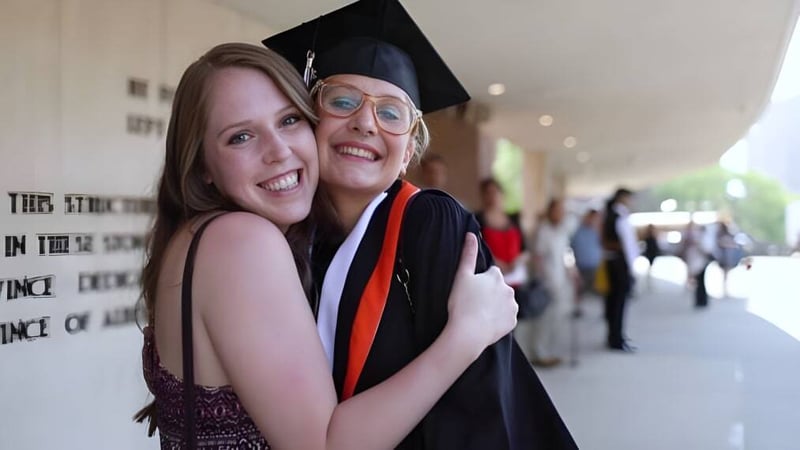 Zwei Schülerinnen der Bishop McNally High School umarmen sich während der Abschlussfeier vor dem Universitätsgebäude.