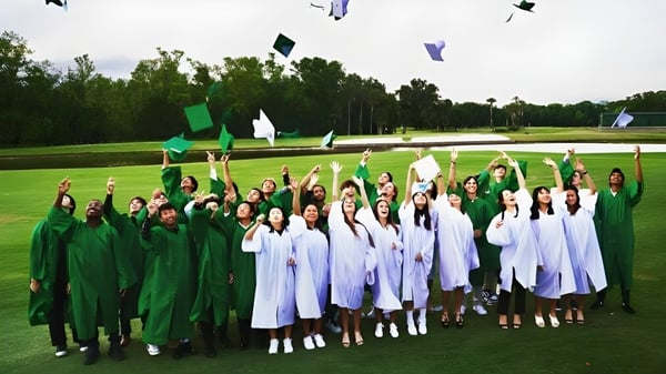 Absolventinnen und Absolventen der Bishop’s Gate Golf Academy stehen auf einer Wiese und heben ihre Abschlussmützen.