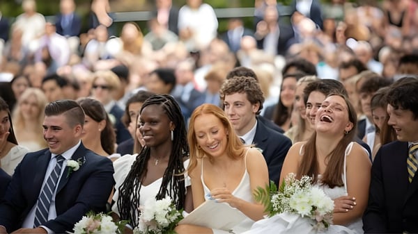 Eine Gruppe von Schülerinnen und Schülern der Blair Academy versammelt sich bei einer Feier mit Blumensträußen.
