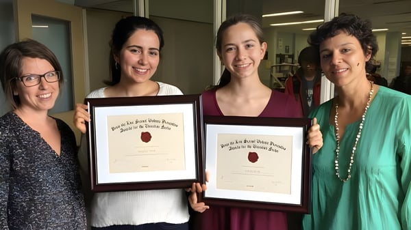 Vier Frauen des Bloor Collegiate Institute halten gemeinsam eingerahmte Zertifikate in einem Innenraum.