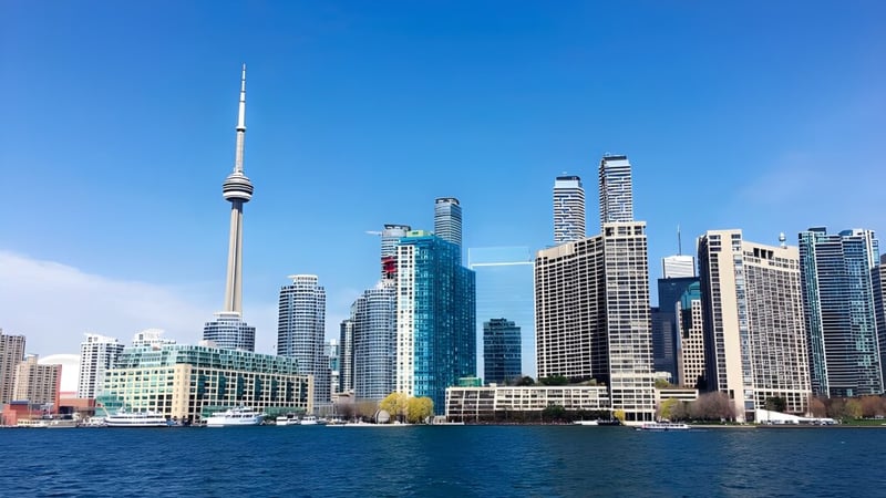 Eine Skyline moderner Wolkenkratzer mit einem markanten Turm spiegelt sich im Wasser nahe dem Bloor Collegiate Institute.