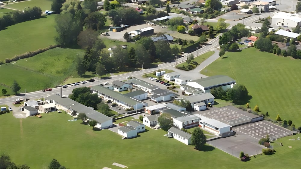 Luftaufnahme der Umgebung von Blue Mountain College mit grünen Feldern und Straßennetz.