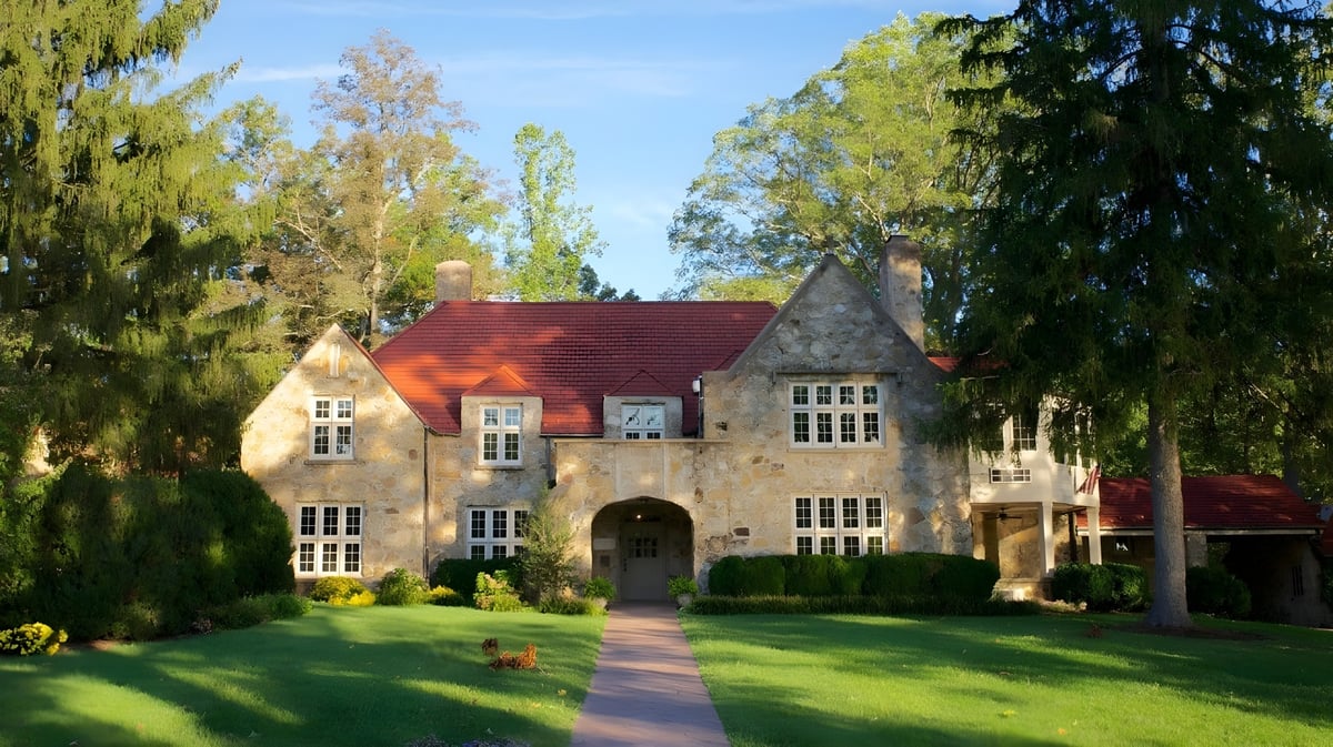 Das Herrenhaus mit rotem Ziegeldach auf dem Gelände der Blue Ridge School ist von einem gepflegten Rasen und hohen Bäumen umgeben.