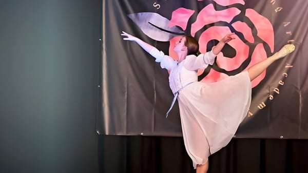 Eine große pinkfarbene Blume mit zarten Blättern vor dunklem Hintergrund auf dem Gelände der Bluefield High School.