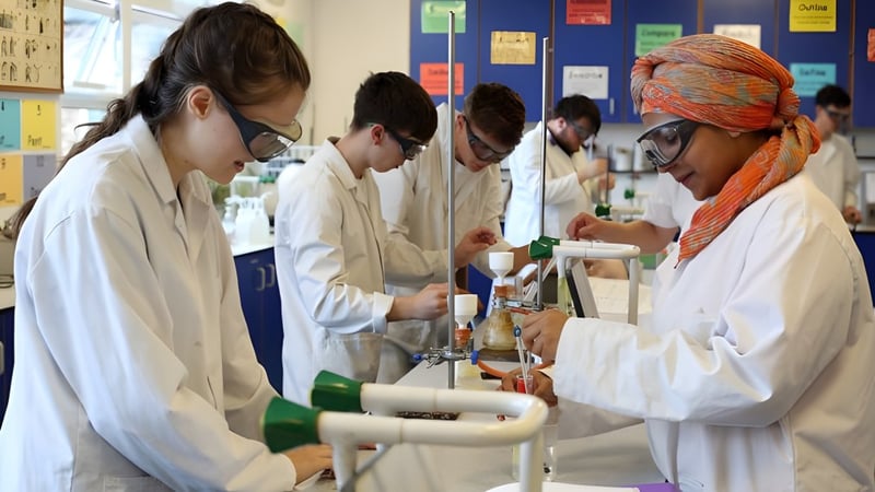 Schüler der Bodmin College führen gemeinsam ein wissenschaftliches Experiment im Labor durch.