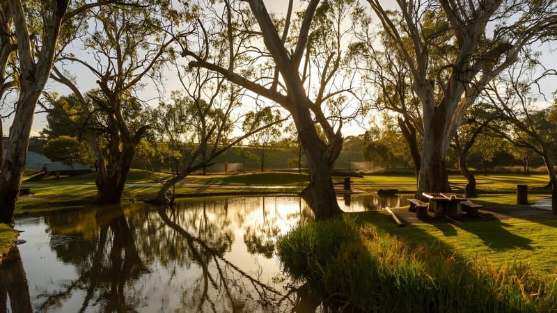 Ein Teich mit Bäumen und Wiesen im Sonnenuntergang auf dem Gelände der Bordertown High School.