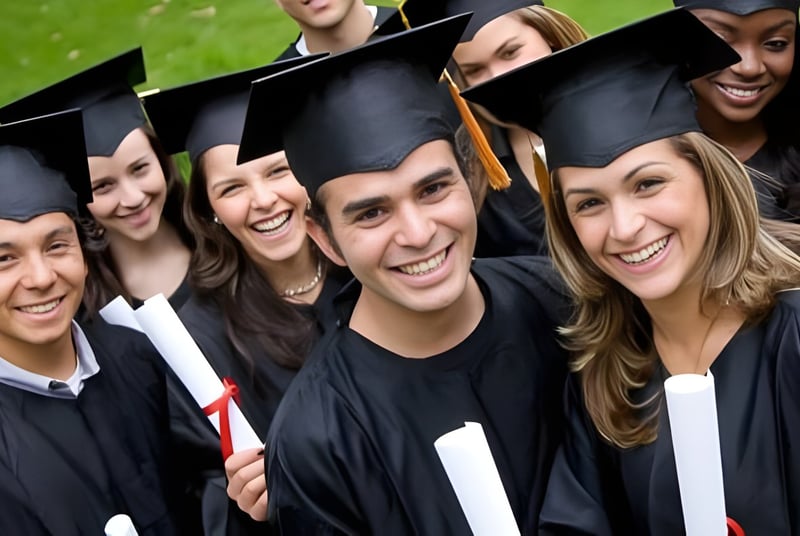 Absolventinnen und Absolventen des Boston College stehen gemeinsam im Freien in ihren schwarzen Talaren und Hüten.