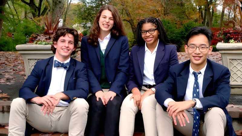 Vier Schülerinnen und Schüler sitzen auf einer Steinbank im Freien auf dem Campus der Boston Trinity Academy vor herbstlicher Baumkulisse.