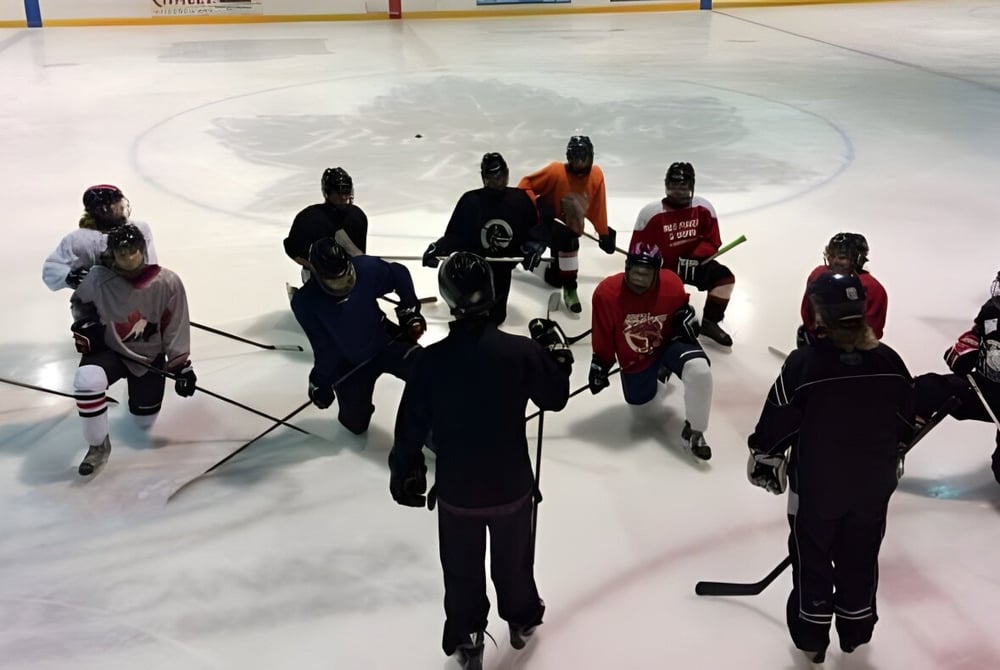 Schülerinnen und Schüler der Bracebridge and Muskoka Lakes Secondary School stehen in verschiedenen Trikots auf dem Eisfeld mit großem Logo in der Mitte.