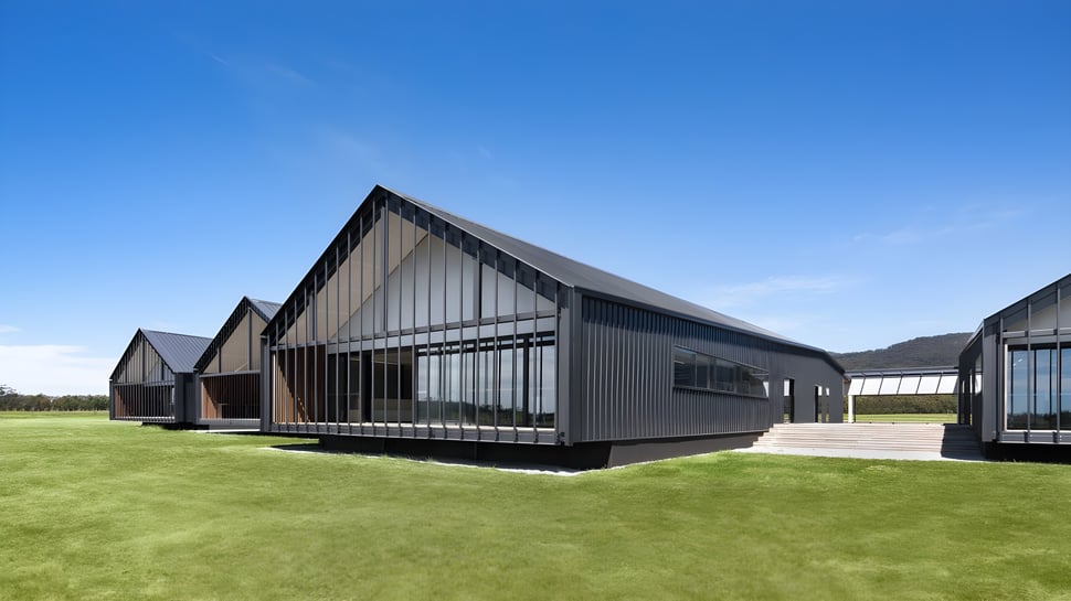 Das moderne Gebäude des Braemar College steht auf einer Wiese unter klarem blauem Himmel.