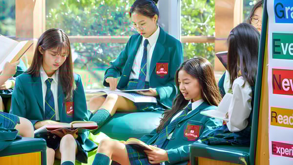 Eine Gruppe von Schülerinnen und Schülern der Branksome Hall Asia sitzt im Klassenzimmer und liest gemeinsam Bücher.