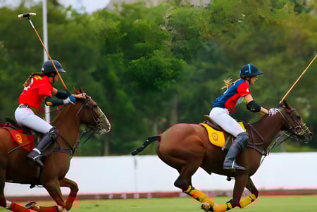 Zwei Reiterinnen spielen Polo auf dem Spielfeld der Branksome Hall vor einer grünen Landschaft.