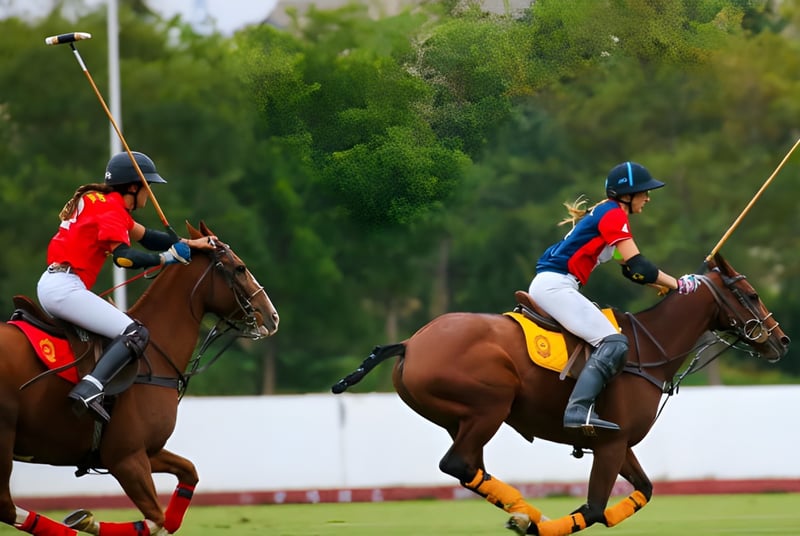 Zwei Reiterinnen spielen Polo auf dem Spielfeld der Branksome Hall vor einer grünen Landschaft.