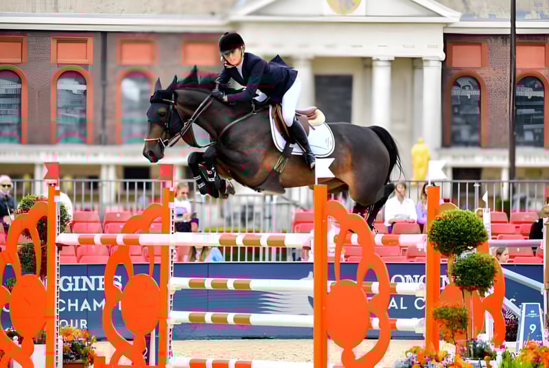 Ein Reiter springt mit einem braunen Pferd bei einem Turnier auf dem Gelände der Brentwood School über ein orangenes Hindernis.