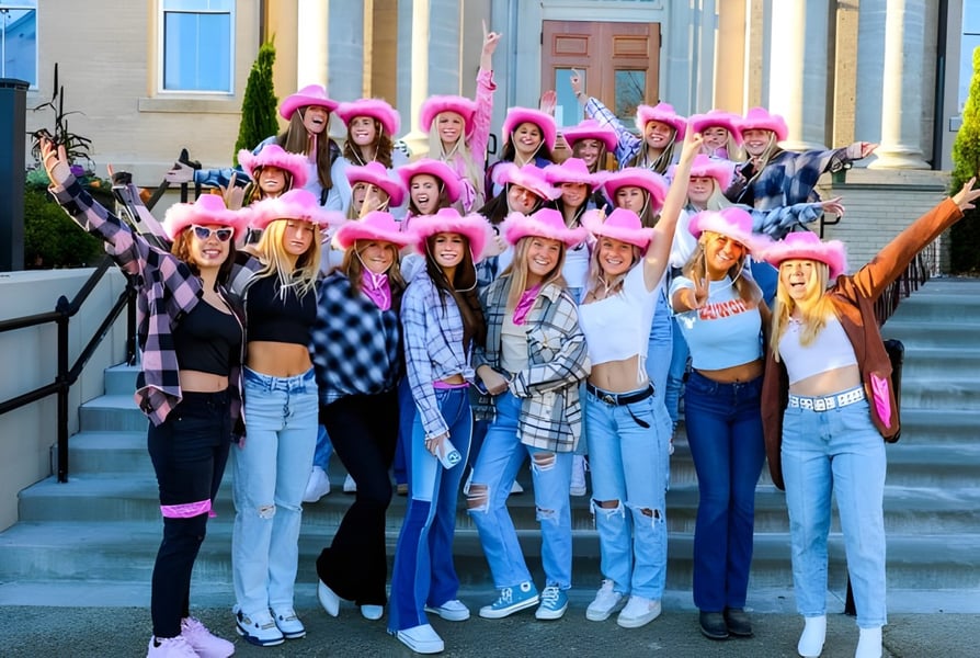 Eine Gruppe Schülerinnen der Brewster Academy sitzt auf den Treppen vor einem Gebäude mit klassischer Architektur.