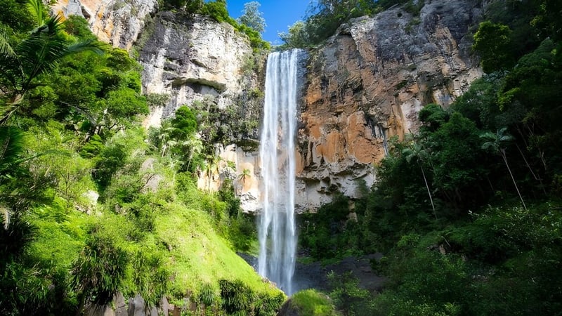 Ein Wasserfall fällt an einer felsigen Klippe mit üppigem Grün, im Umfeld der Brisbane State High School.