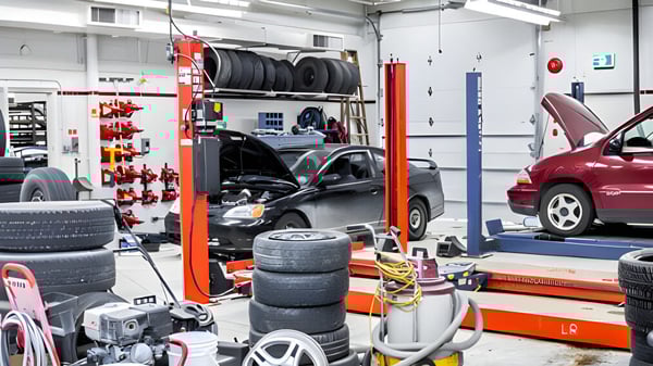 In der Autowerkstatt der Brocklehurst Secondary School wird an einem roten Auto Wartung durchgeführt.