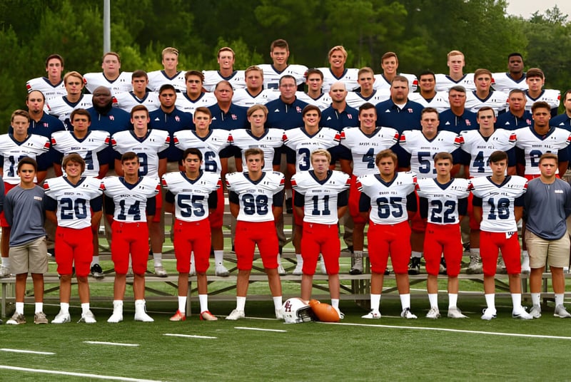 Eine Gruppe von Fußballspielern steht auf dem Fußballfeld der Brook Hill School vor Bäumen.