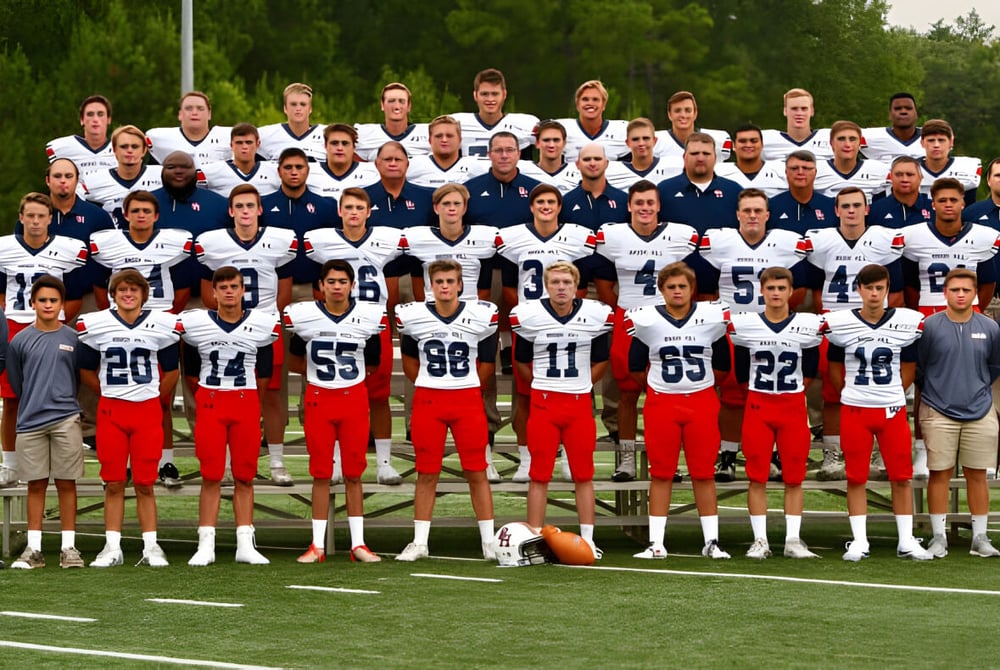 Eine Gruppe von Fußballspielern steht auf dem Fußballfeld der Brook Hill School vor Bäumen.