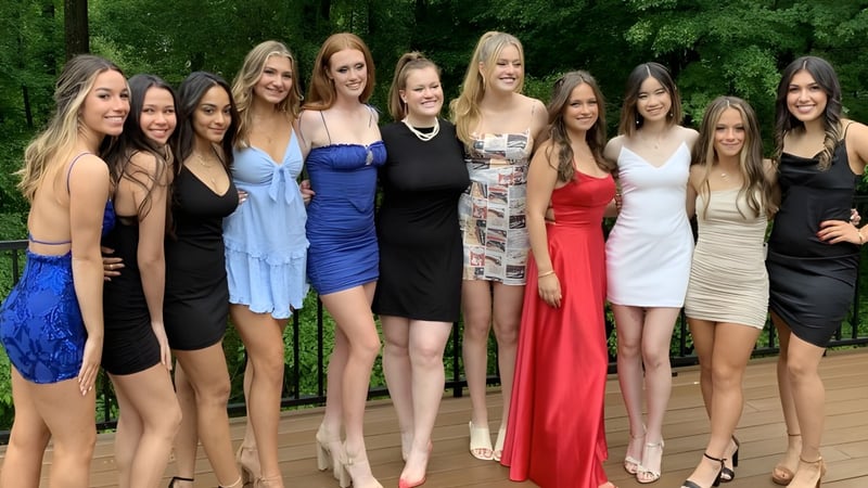 Eine Gruppe junger Frauen posiert im Freien in einem grünen Wald auf dem Campus der Brooke House College.