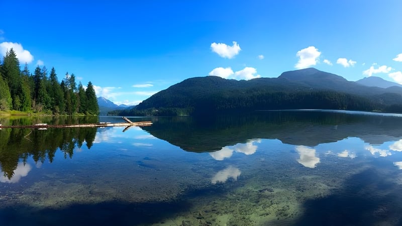 Ein ruhiger See mit Wald und Bergen spiegelt die Landschaft auf dem Gelände der Brooks Secondary School wider.