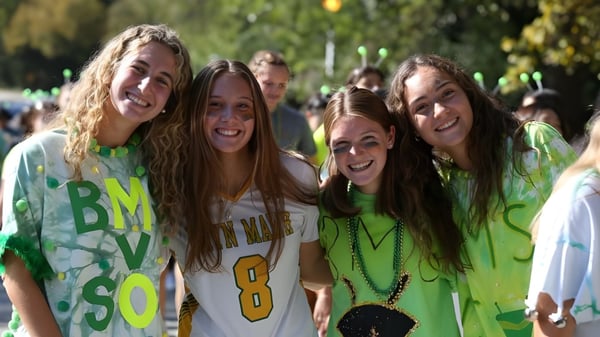Eine Gruppe von Schülerinnen der Bryn Mawr School steht im Freien vor Bäumen und Grünflächen zusammen.