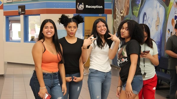 Vier Schülerinnen posieren gemeinsam im Eingangsbereich der Buena High School.