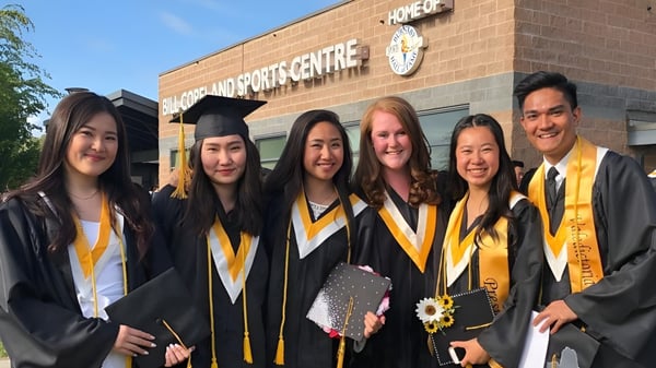 Eine Gruppe von Absolventen in Talaren steht vor dem Mclean Sports Centre auf dem Campus der Burnaby South School.