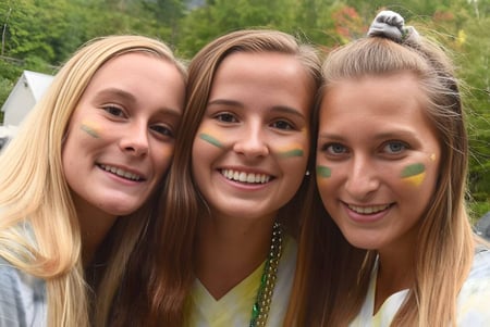 Drei Schülerinnen der Burr and Burton Academy sind im grünen Außenbereich zu sehen.