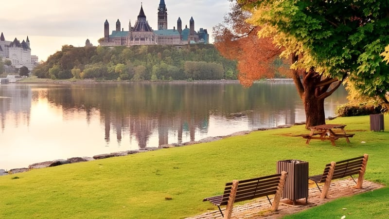 Das Schloss spiegelt sich im ruhigen See auf dem Gelände der Cairine Wilson Secondary School.