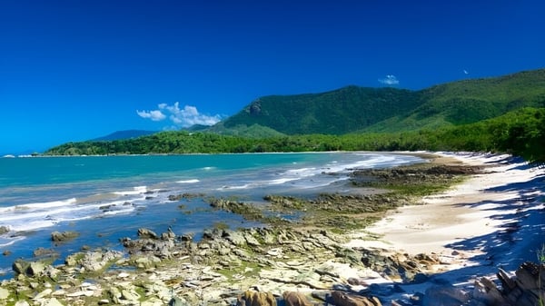 Ein tropischer Strand mit grünen Bergen und türkisfarbenem Wasser nahe der Cairns State High School.