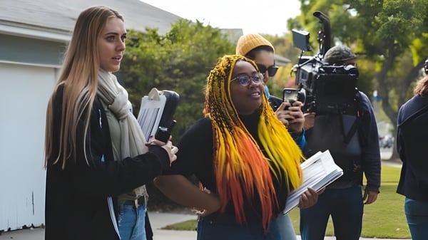 Zwei Studentinnen der California State University Long Beach stehen gemeinsam vor einem Gebäude im Außenbereich.
