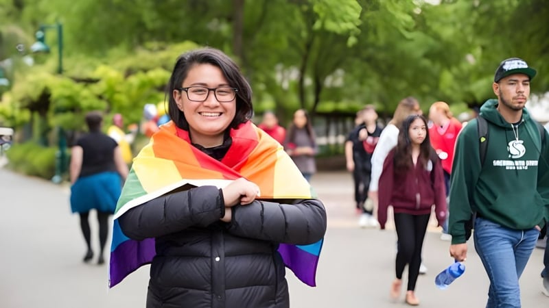 Eine lächelnde Person mit einem bunten Regenbogenschal steht auf einem von Bäumen gesäumten Weg auf dem Campus der California State University Long Beach.