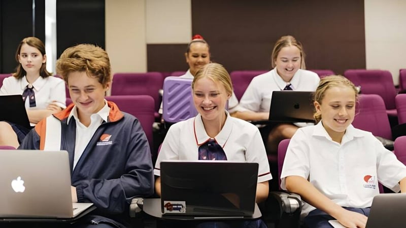 Eine Gruppe Schüler im Klassenraum des Caloundra Christian College arbeitet an Laptops und anderen Aufgaben.
