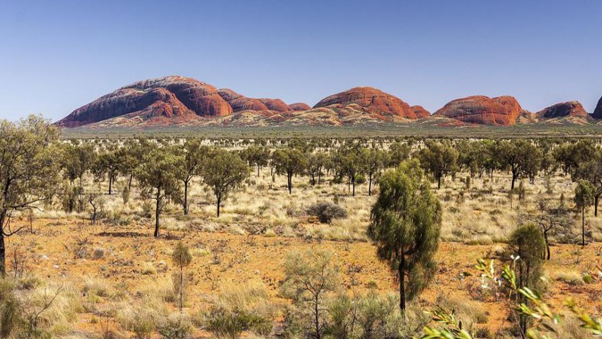 Rote Felsformationen und trockene Vegetation sind in der Wüstenlandschaft nahe der Caloundra State High School zu sehen.