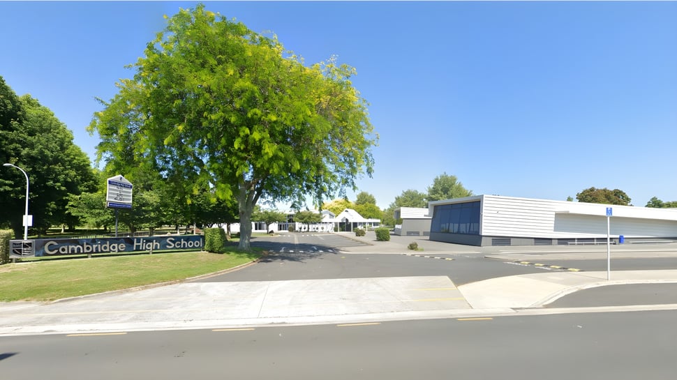 Ein großer grüner Baum steht vor dem Schulgebäude der Cambridge High School unter dem blauen Himmel.