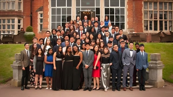 Eine Gruppe von Schülerinnen und Schülern des Cambridge Tutors College versammelt sich formell vor einem historischen Backsteingebäude.