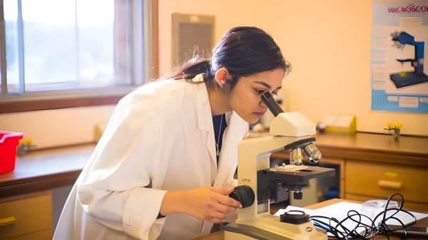 Eine Person im weißen Laborkittel nutzt ein Mikroskop im Labor des Cambridge Tutors College.